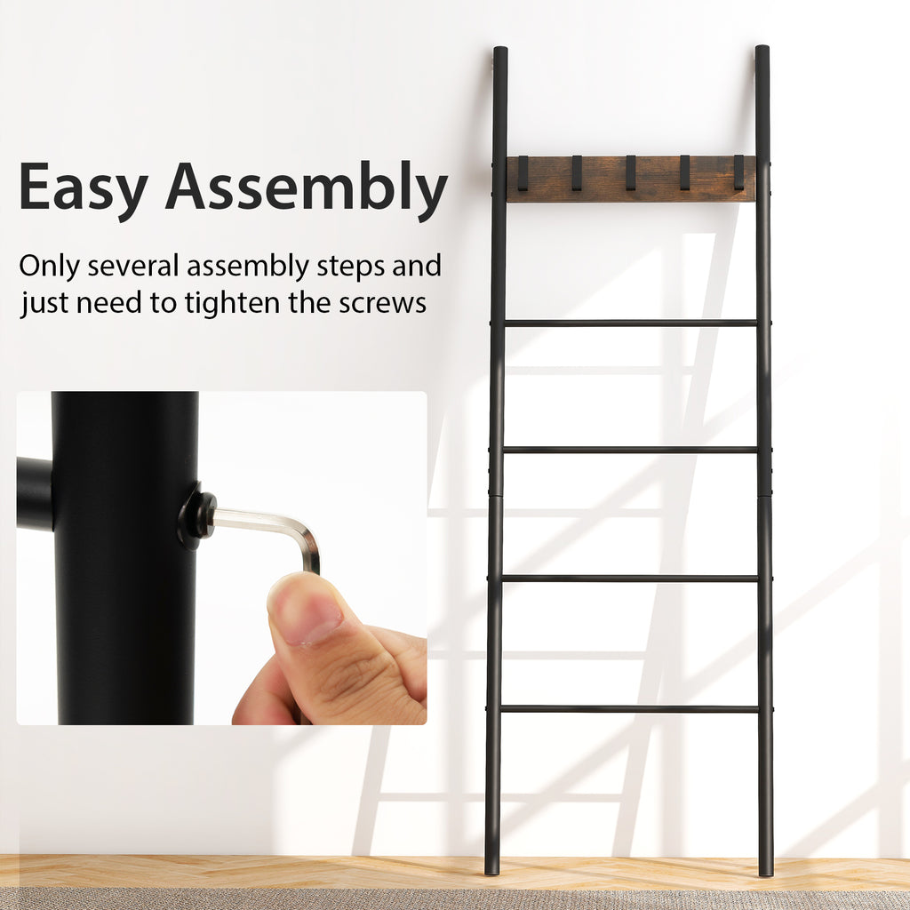 5-Tier Blanket Ladder with Hooks - Wall Storage Organizer