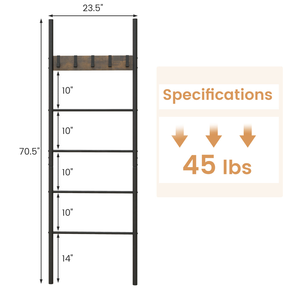 5-Tier Blanket Ladder with Hooks - Wall Storage Organizer