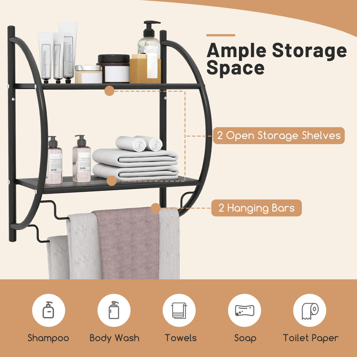 Wall Mounted 2-Tier Bathroom Towel Rack with 2 Bars