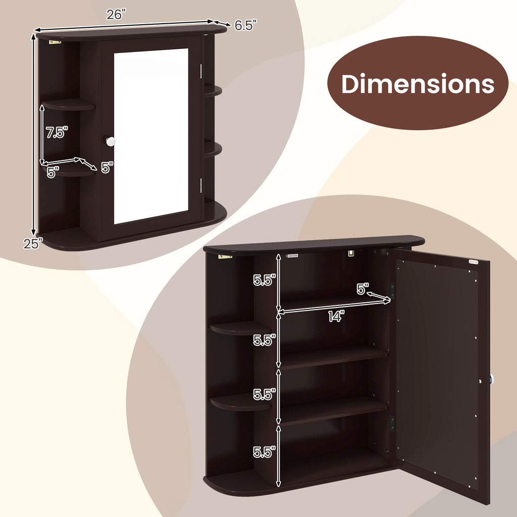 Wall-Mounted Bathroom Mirror Cabinet with Storage - Brown