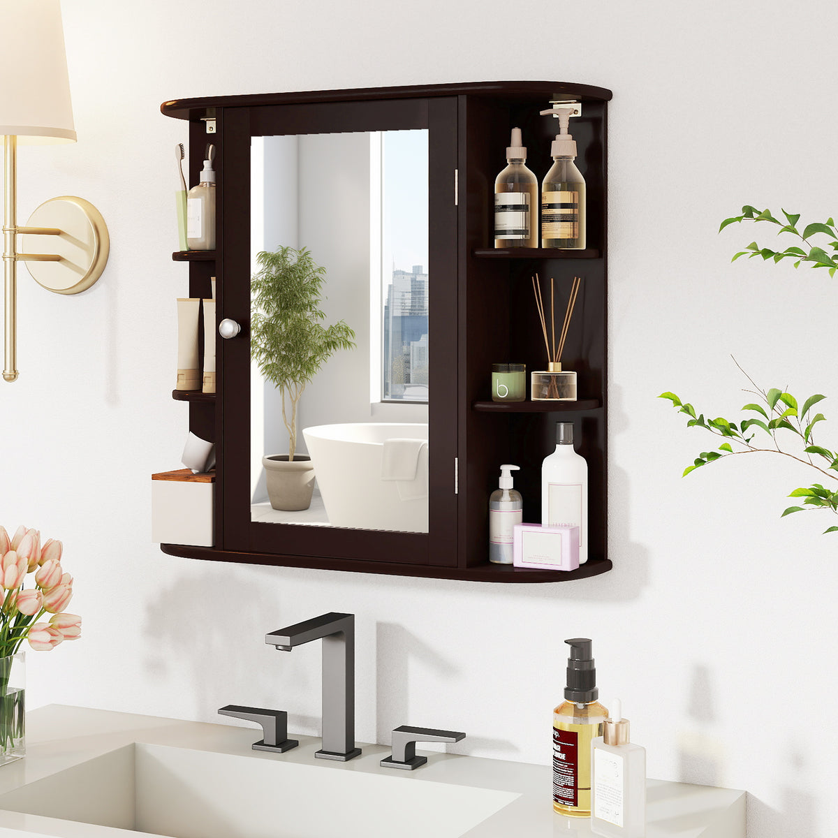 Wall-Mounted Bathroom Mirror Cabinet with Storage - Brown