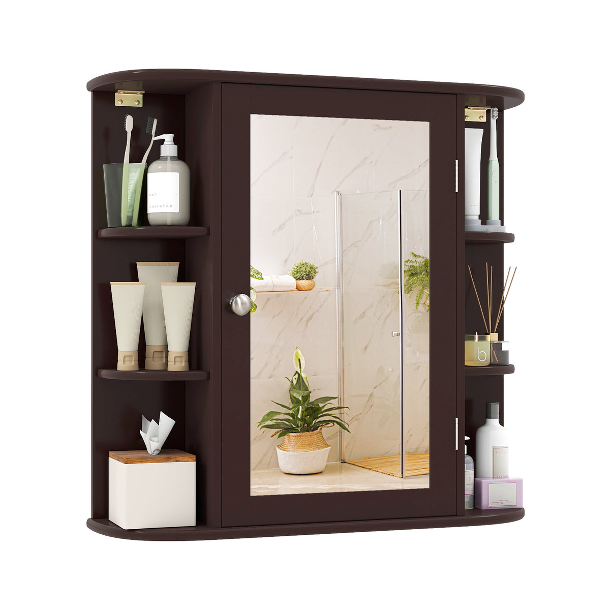 Wall-Mounted Bathroom Mirror Cabinet with Storage - Brown