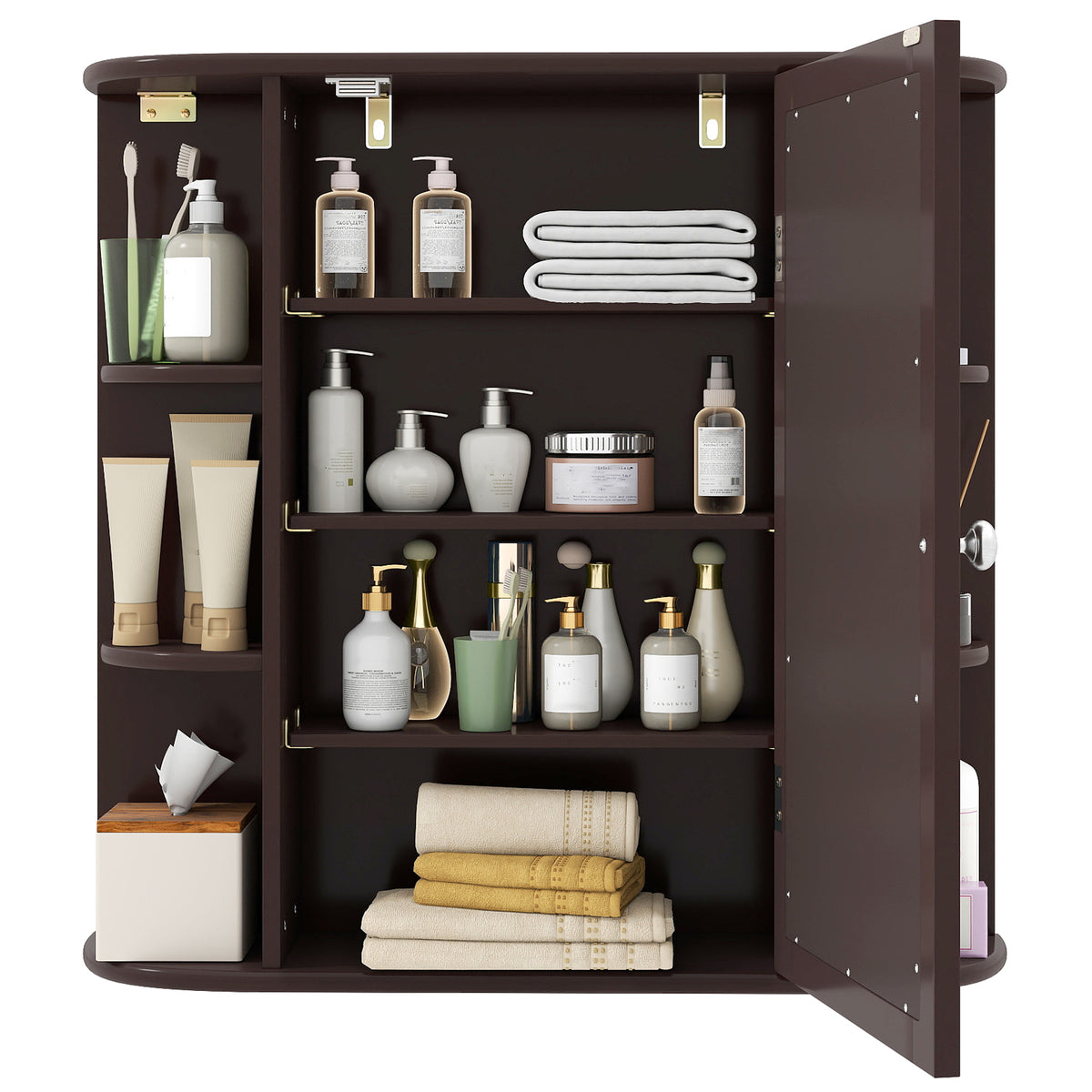 Wall-Mounted Bathroom Mirror Cabinet with Storage - Brown