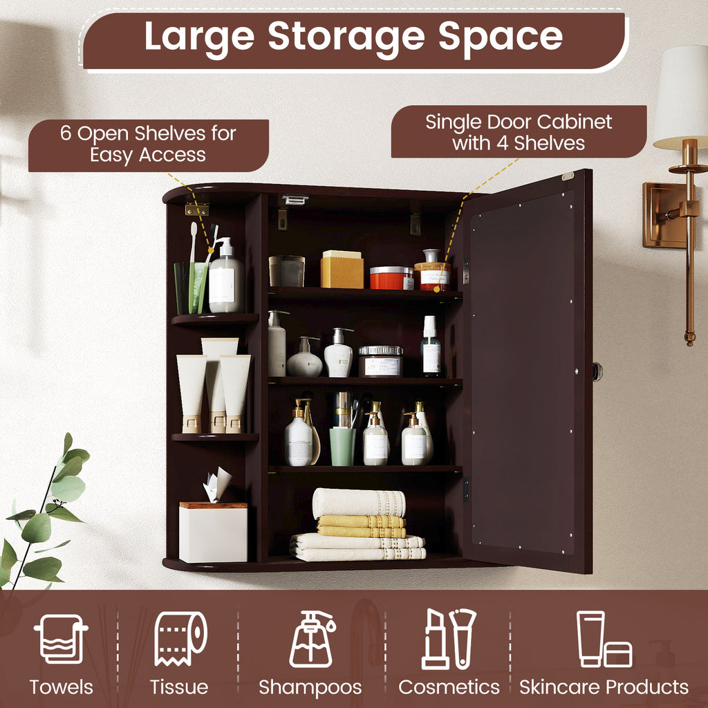 Wall-Mounted Bathroom Mirror Cabinet with Storage - Brown