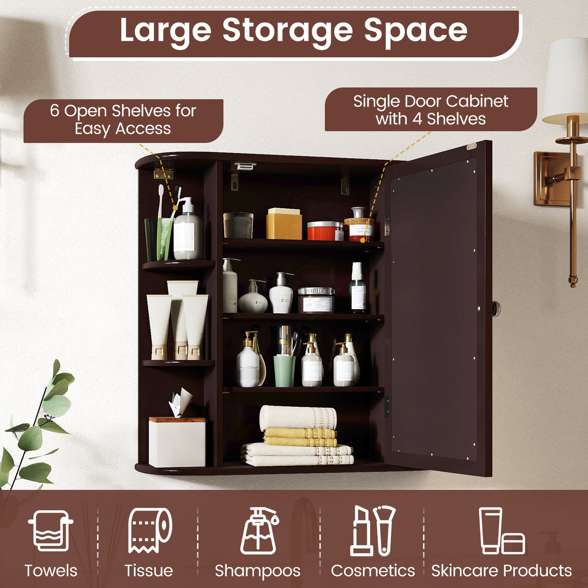 Wall-Mounted Bathroom Mirror Cabinet with Storage - Brown