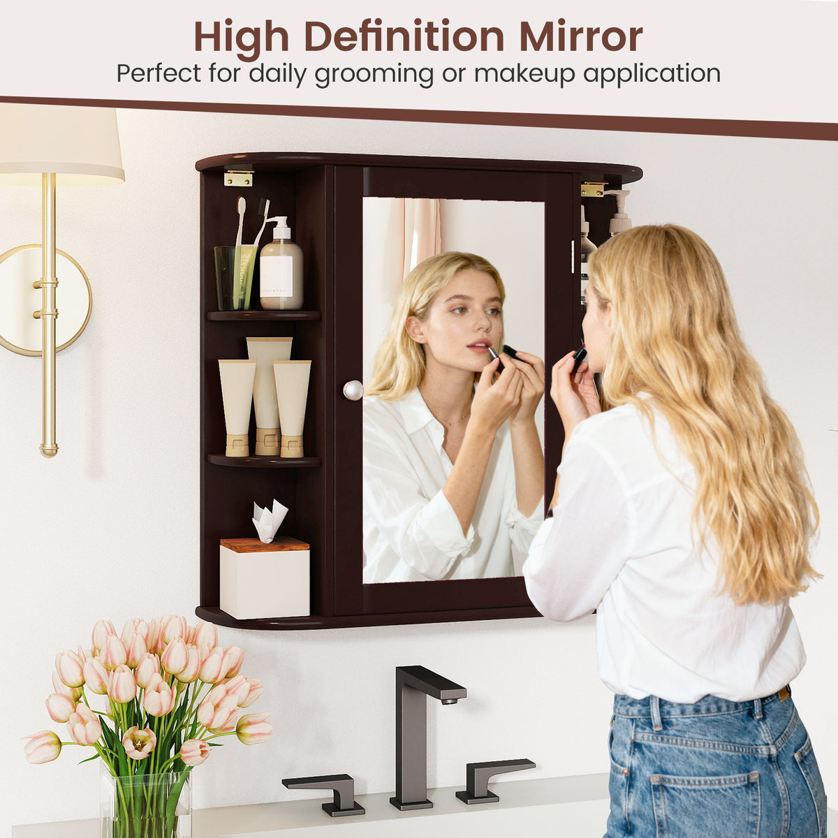 Wall-Mounted Bathroom Mirror Cabinet with Storage - Brown