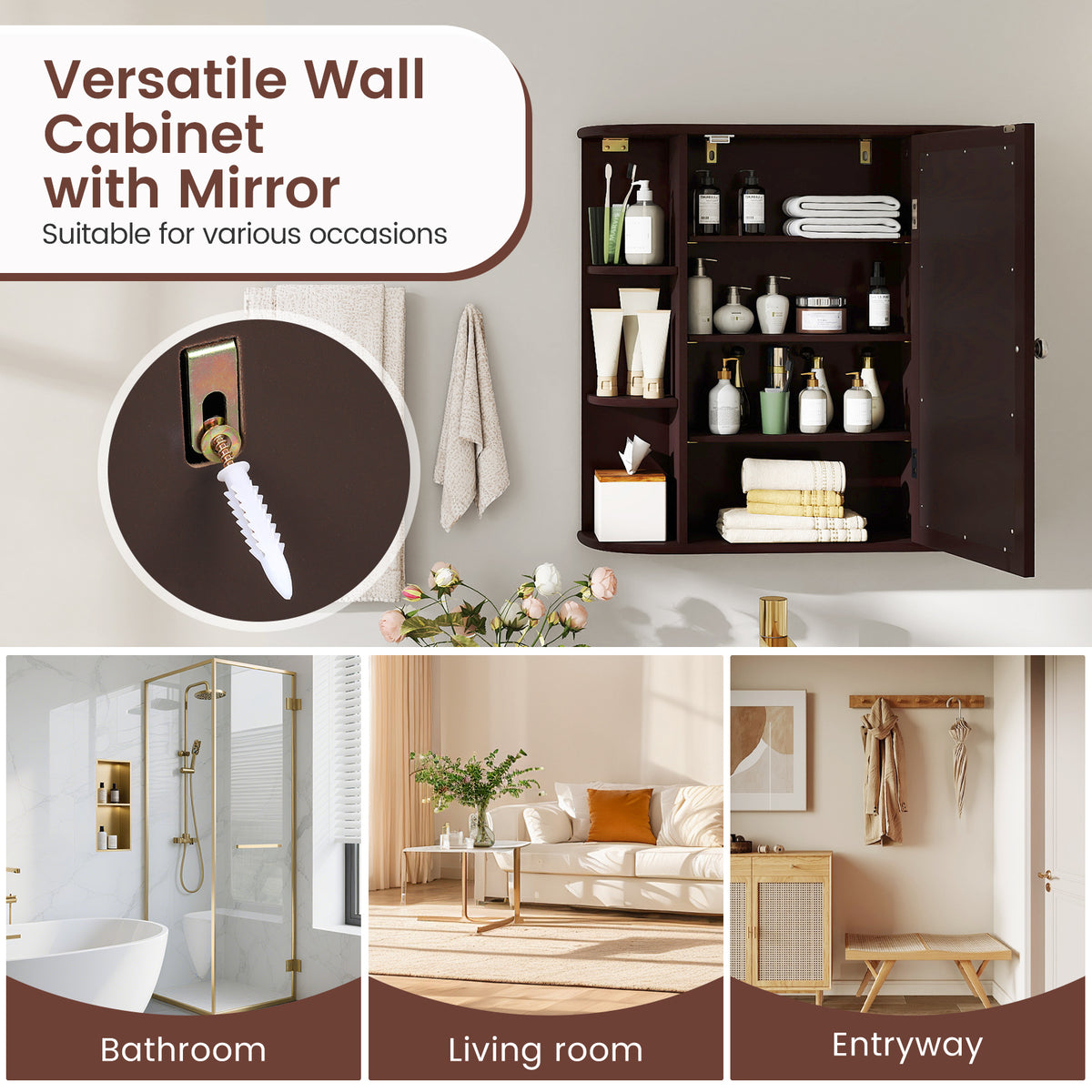 Wall-Mounted Bathroom Mirror Cabinet with Storage - Brown