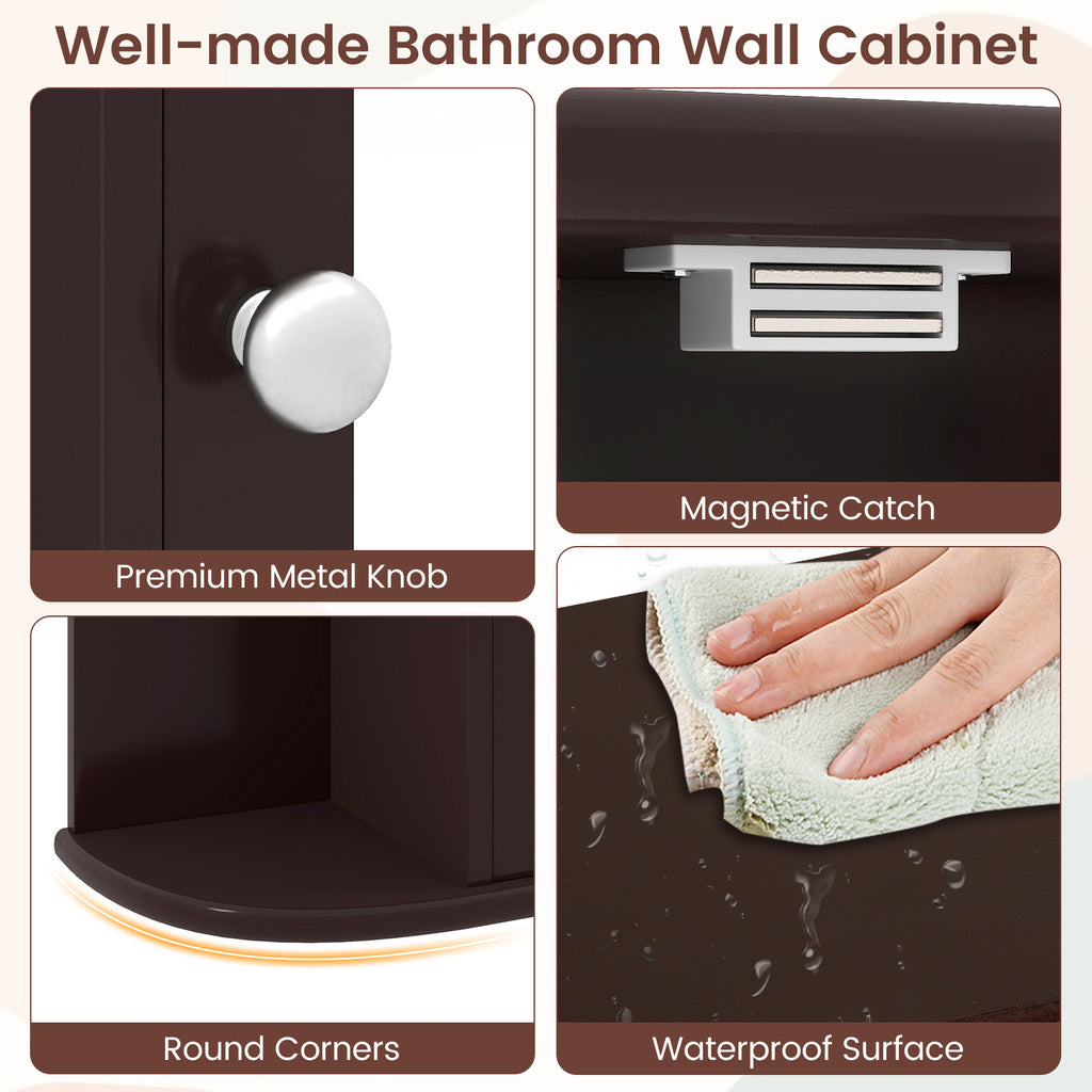 Wall-Mounted Bathroom Mirror Cabinet with Storage - Brown