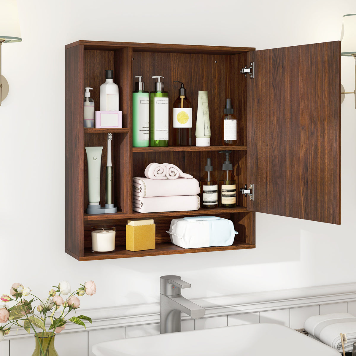 24" Wall-Mounted Bathroom Cabinet with Mirror - Walnut
