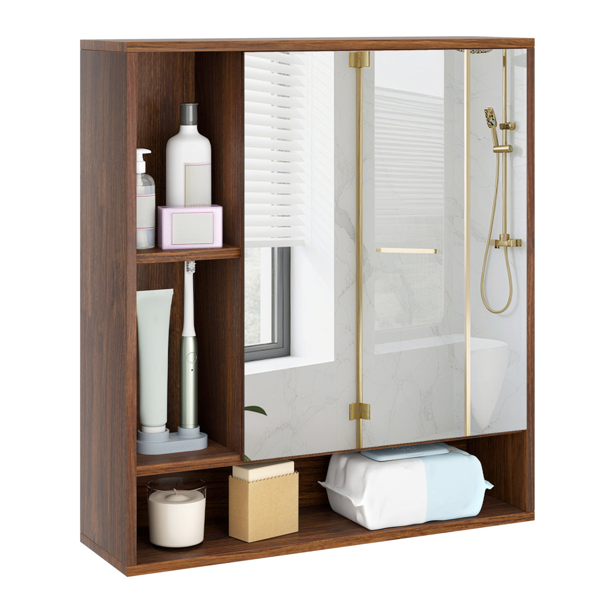 24" Wall-Mounted Bathroom Cabinet with Mirror - Walnut
