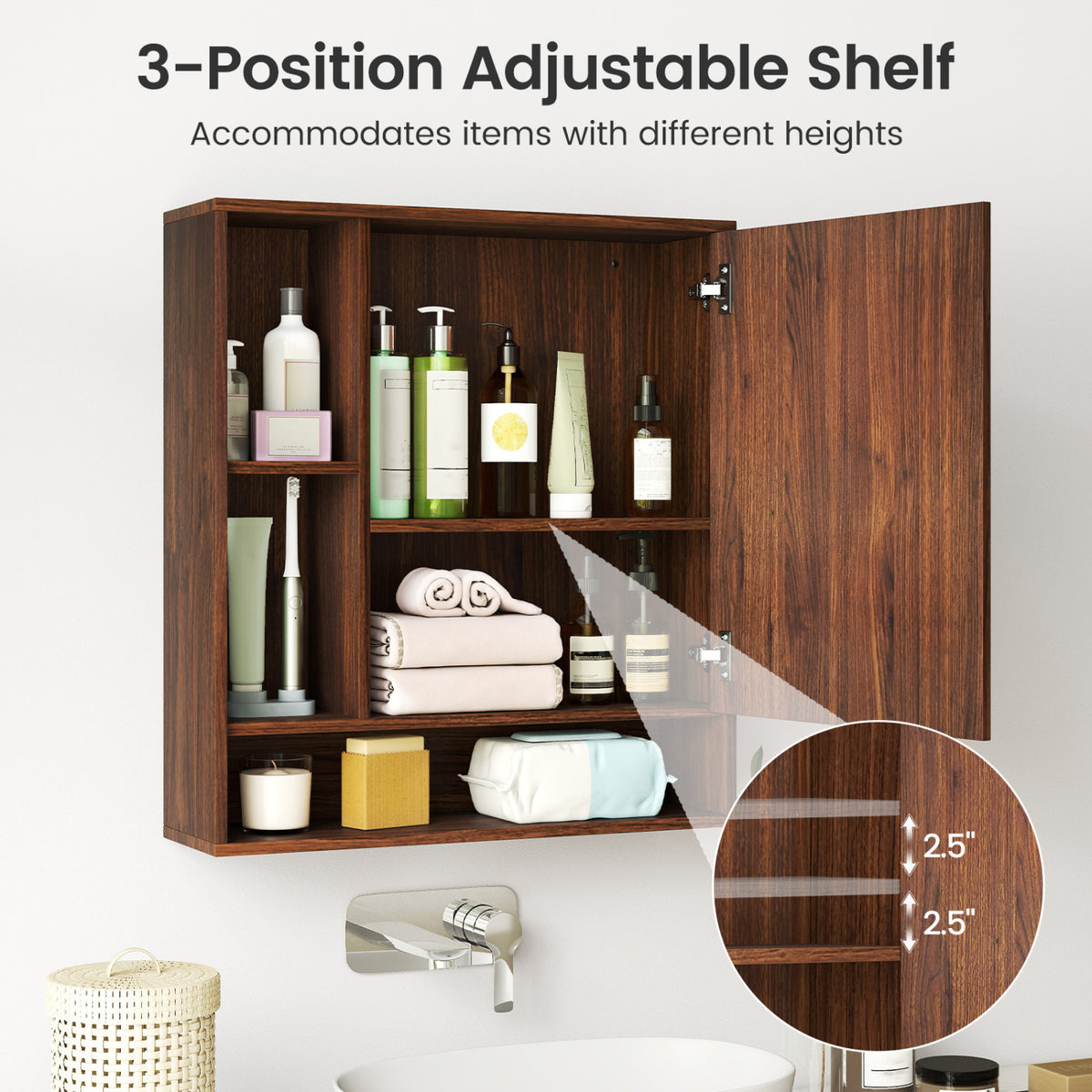 24" Wall-Mounted Bathroom Cabinet with Mirror - Walnut