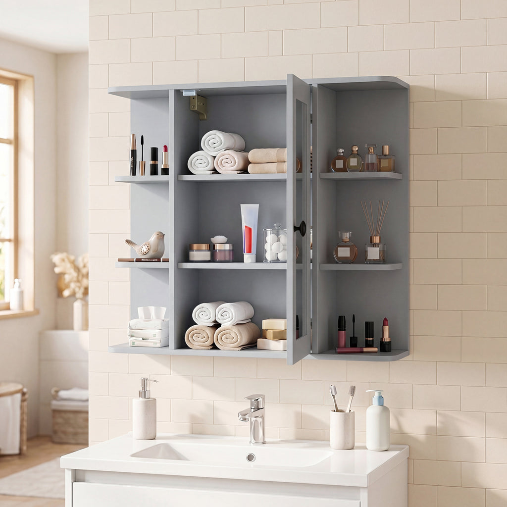Wall-Mounted Bathroom Medicine Cabinet with Mirror and Shelves, Gray