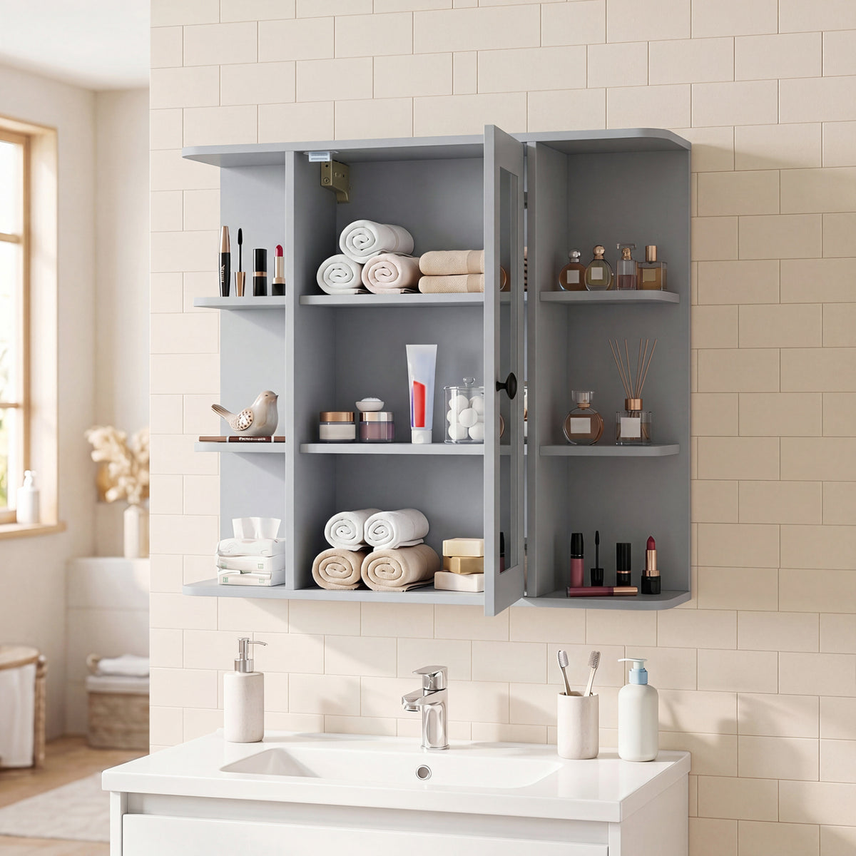 Wall-Mounted Bathroom Medicine Cabinet with Mirror and Shelves, Gray