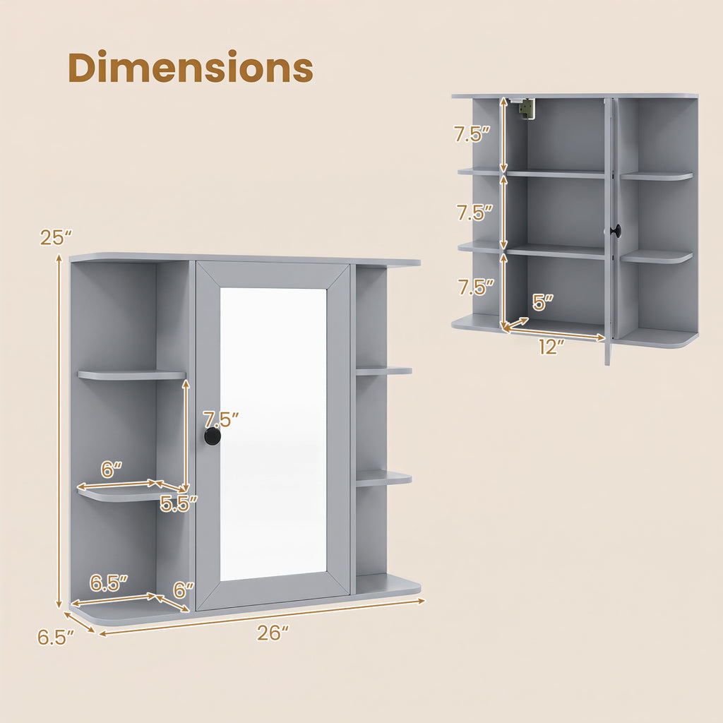Wall-Mounted Bathroom Medicine Cabinet with Mirror and Shelves, Gray