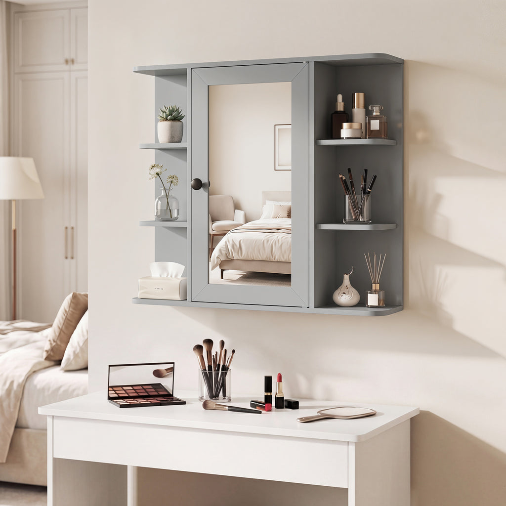 Wall-Mounted Bathroom Medicine Cabinet with Mirror and Shelves, Gray