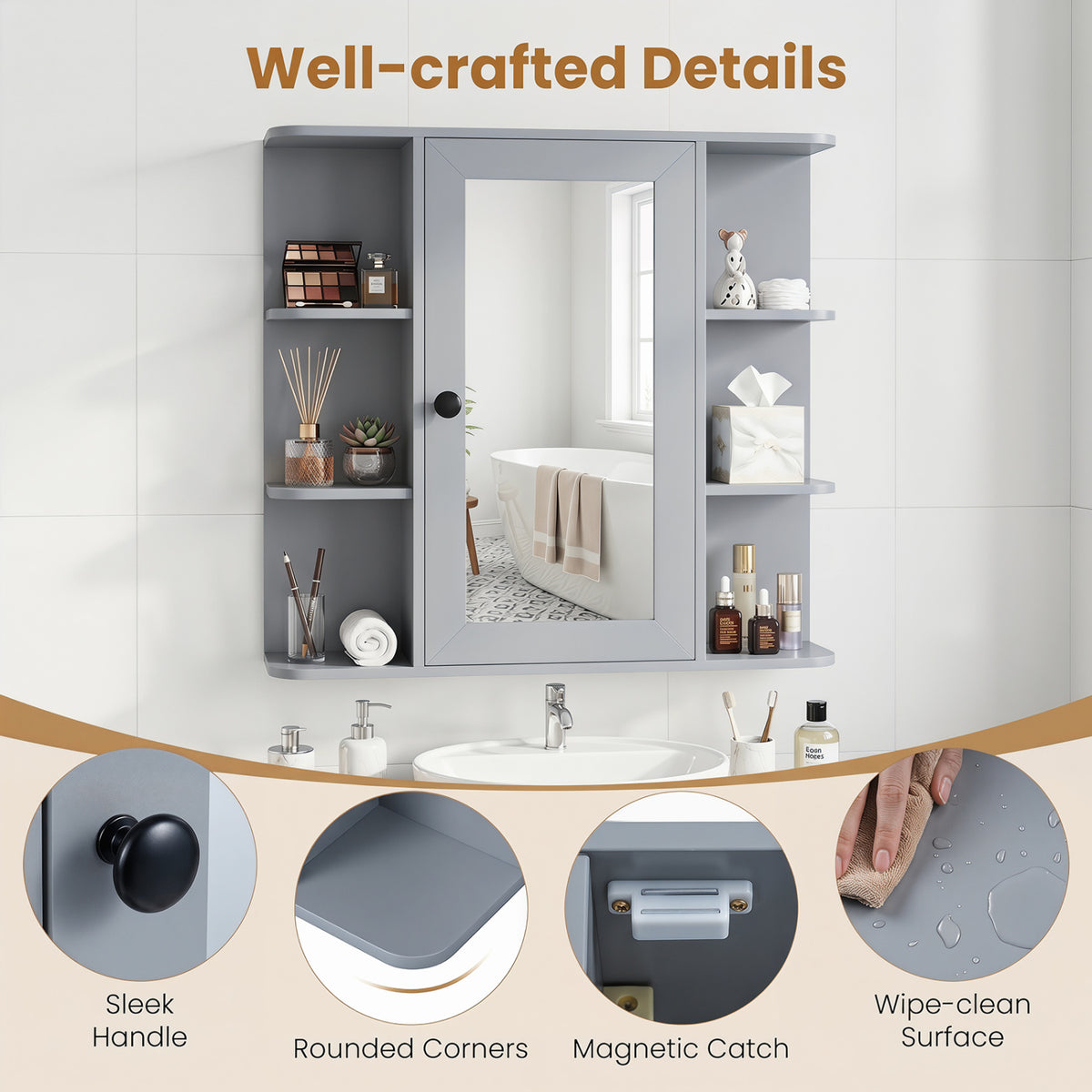 Wall-Mounted Bathroom Medicine Cabinet with Mirror and Shelves, Gray