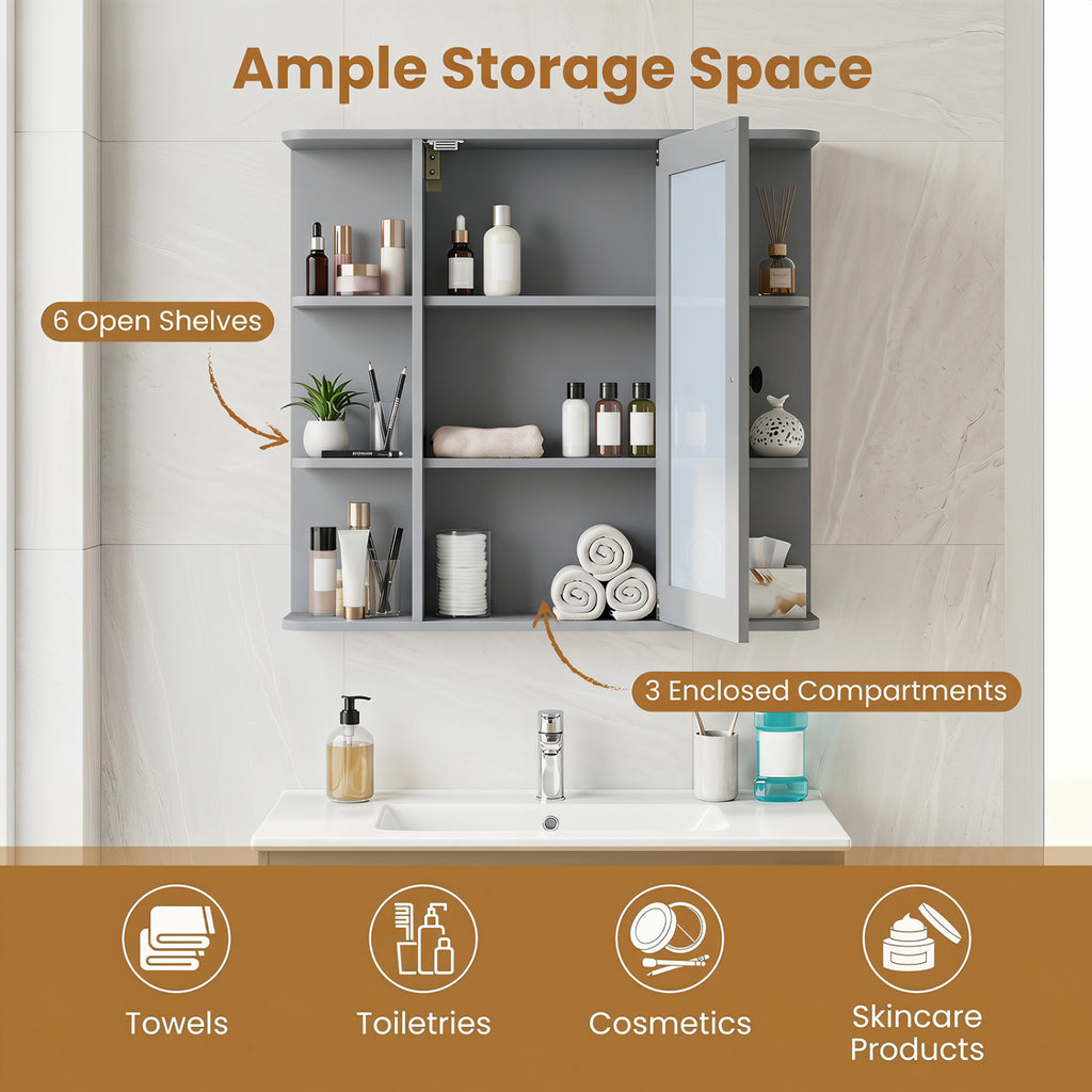 Wall-Mounted Bathroom Medicine Cabinet with Mirror and Shelves, Gray