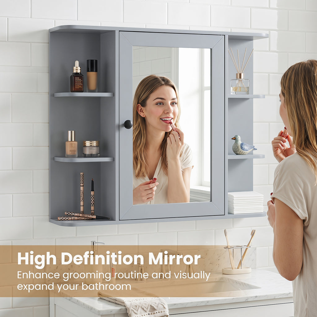 Wall-Mounted Bathroom Medicine Cabinet with Mirror and Shelves, Gray