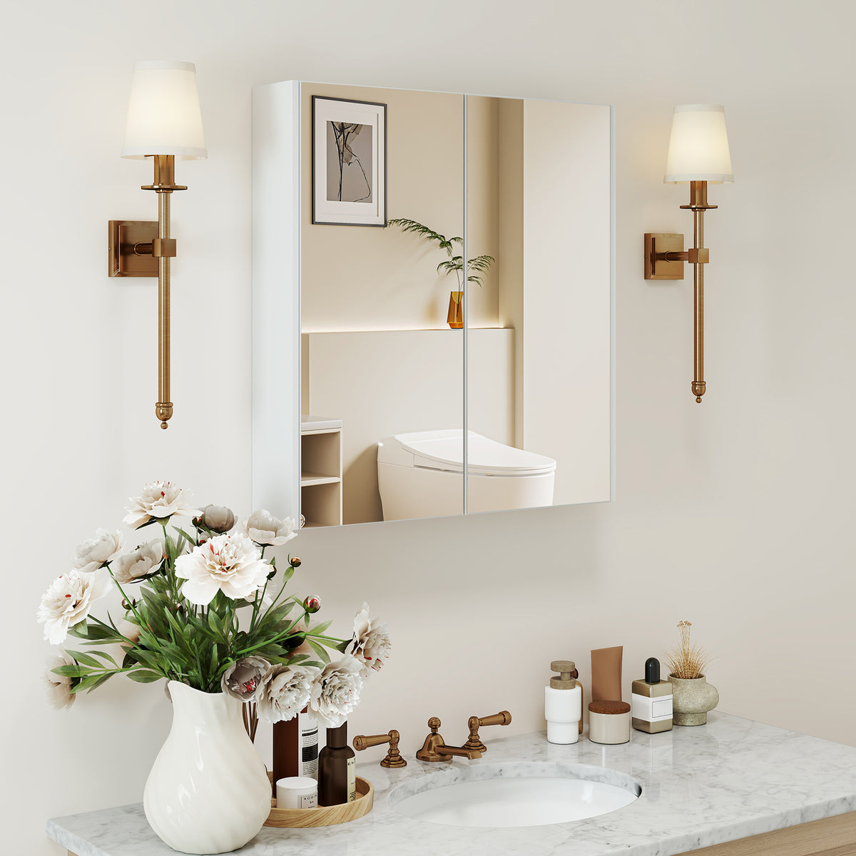 Mirrored Bathroom Wall Cabinet with 2 Doors - White