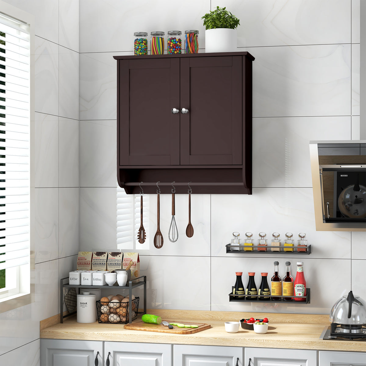 Wall Mounted Bathroom Storage Medicine Cabinet with Towel Bar - Brown