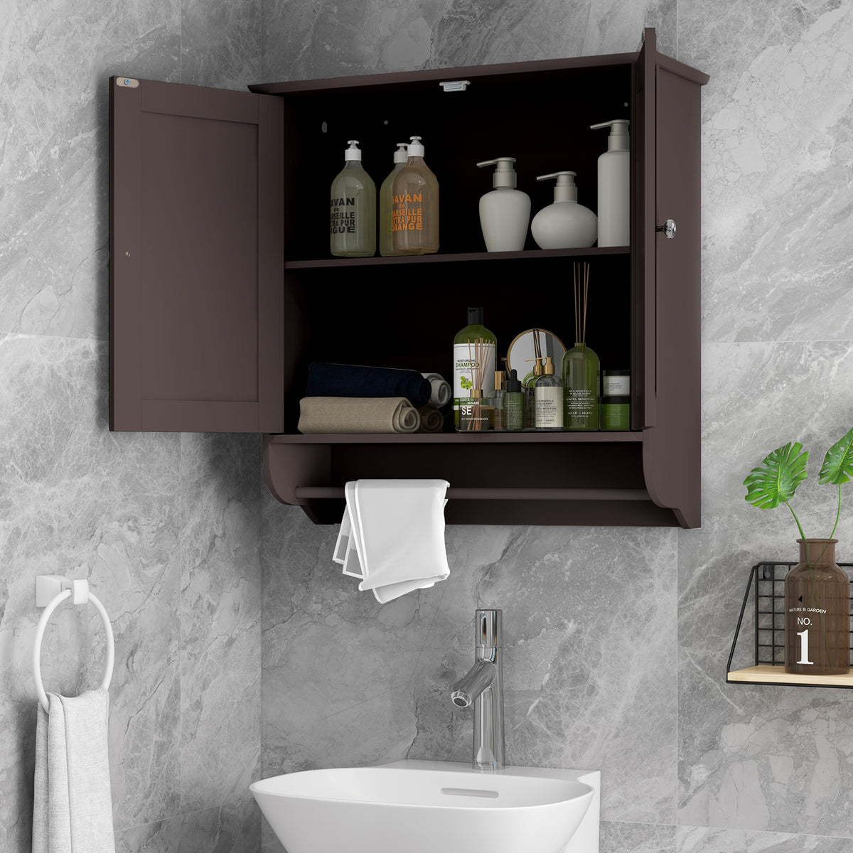 Wall Mounted Bathroom Storage Medicine Cabinet with Towel Bar - Brown