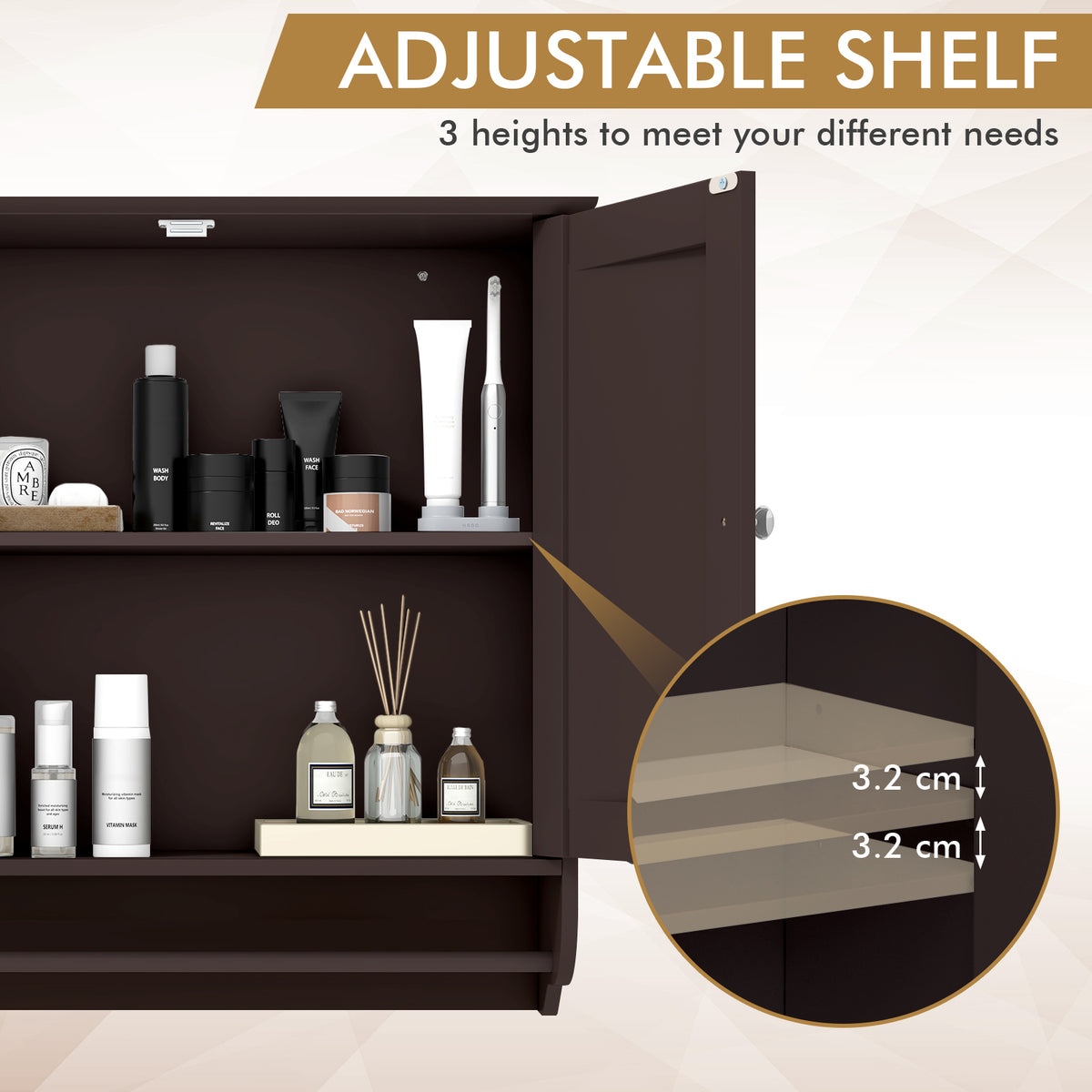 Wall Mounted Bathroom Storage Medicine Cabinet with Towel Bar - Brown