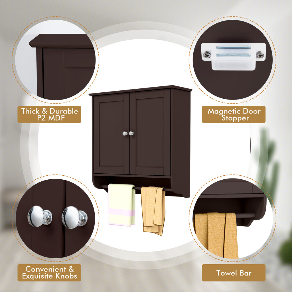 Wall Mounted Bathroom Storage Medicine Cabinet with Towel Bar - Brown