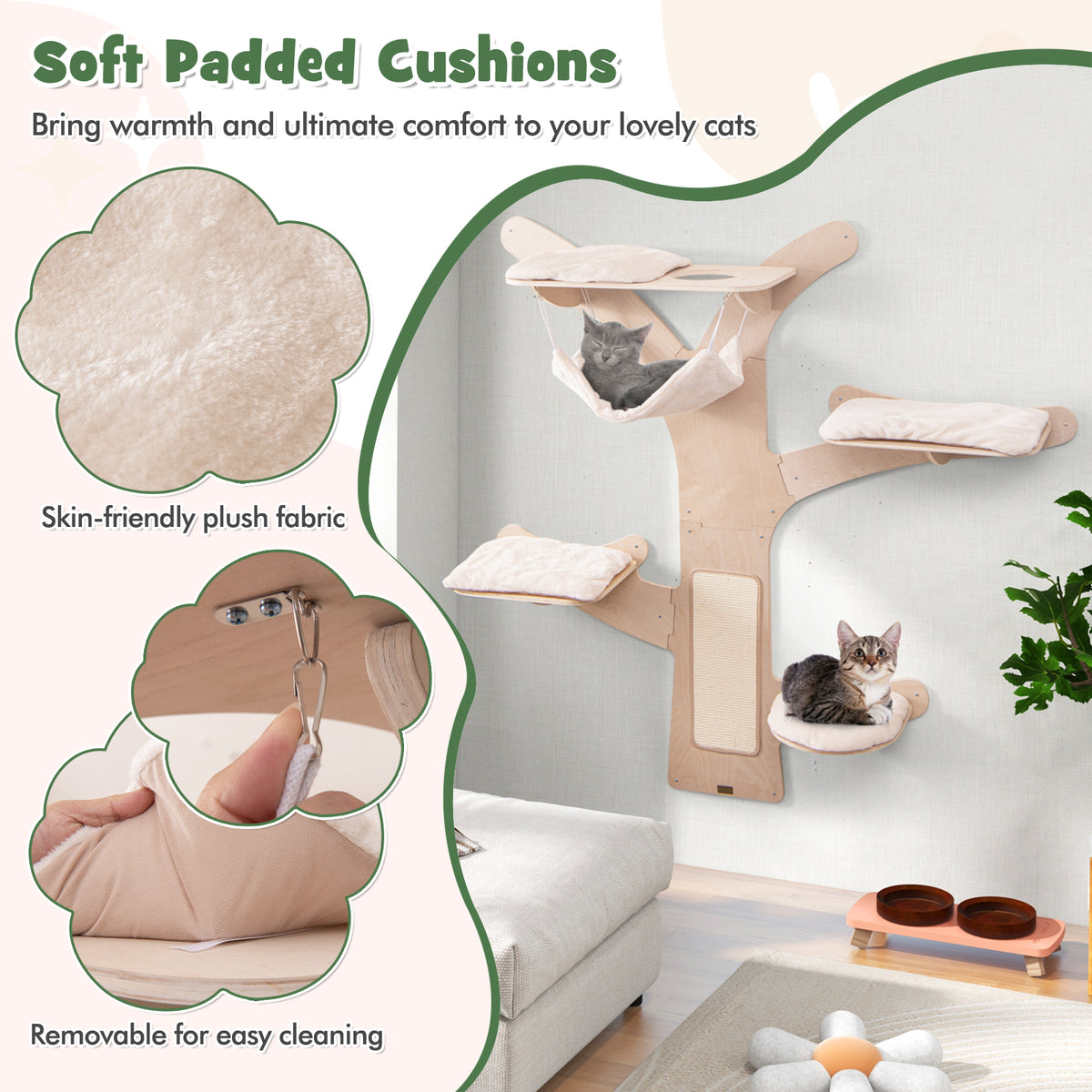Wall-Mounted Cat Tower with Hammock & Sisal Scratching Mat - Natural Variation
