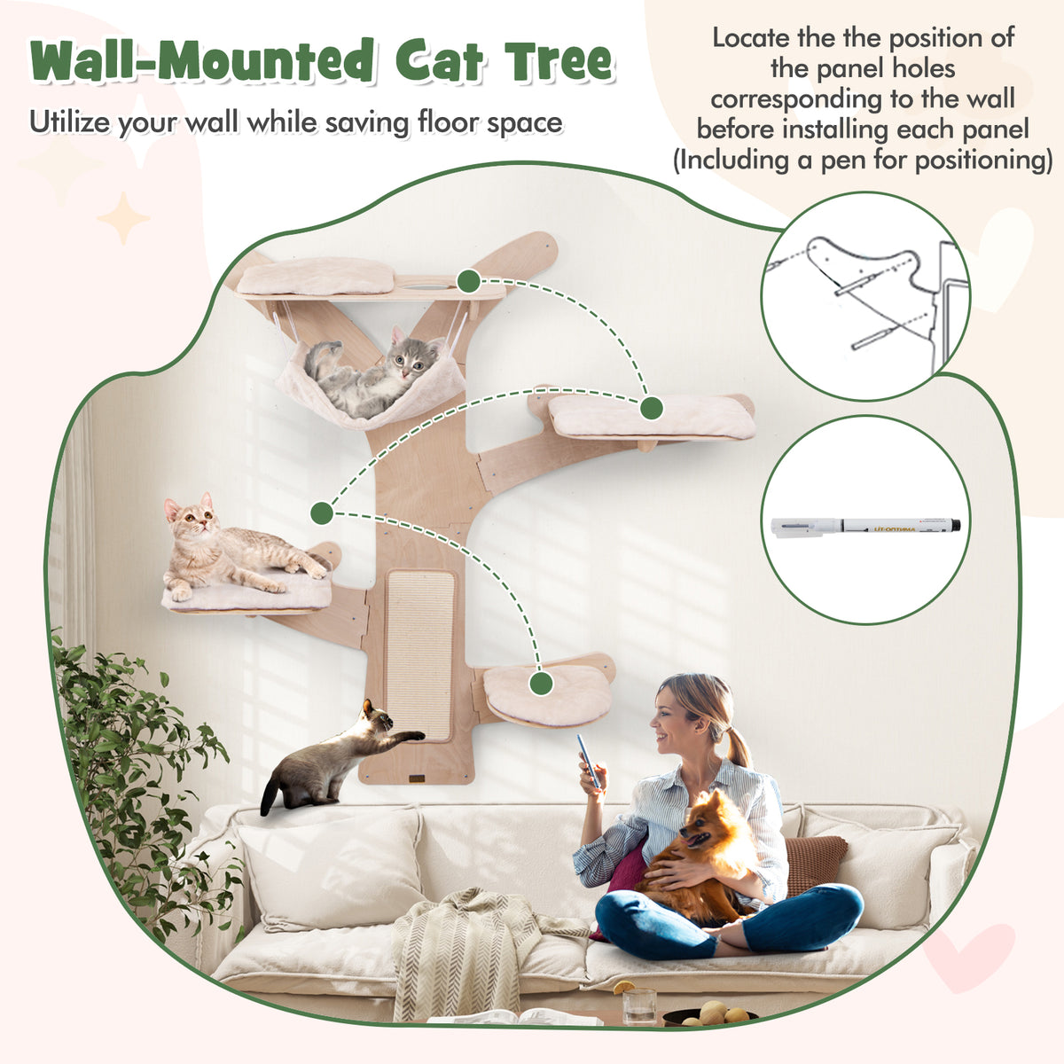 Wall-Mounted Cat Tower with Hammock & Sisal Scratching Mat - Natural Variation