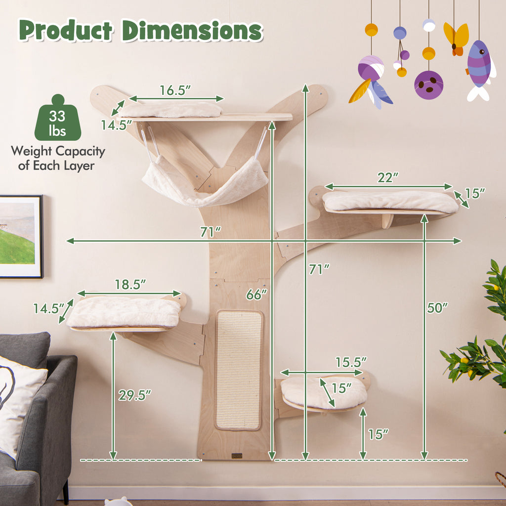 Wall-Mounted Cat Tower with Hammock & Sisal Scratching Mat - Natural Variation