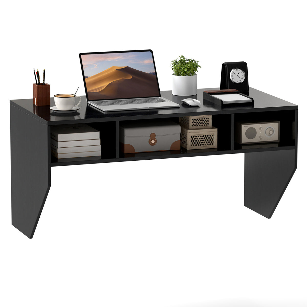 Wall-Mounted Floating Computer Desk with Storage - Black