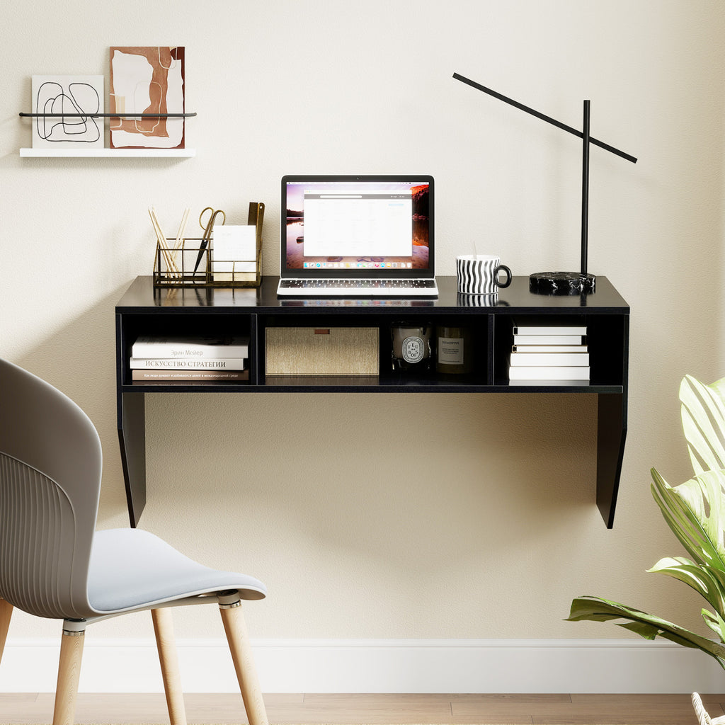 Wall-Mounted Floating Computer Desk with Storage - Black