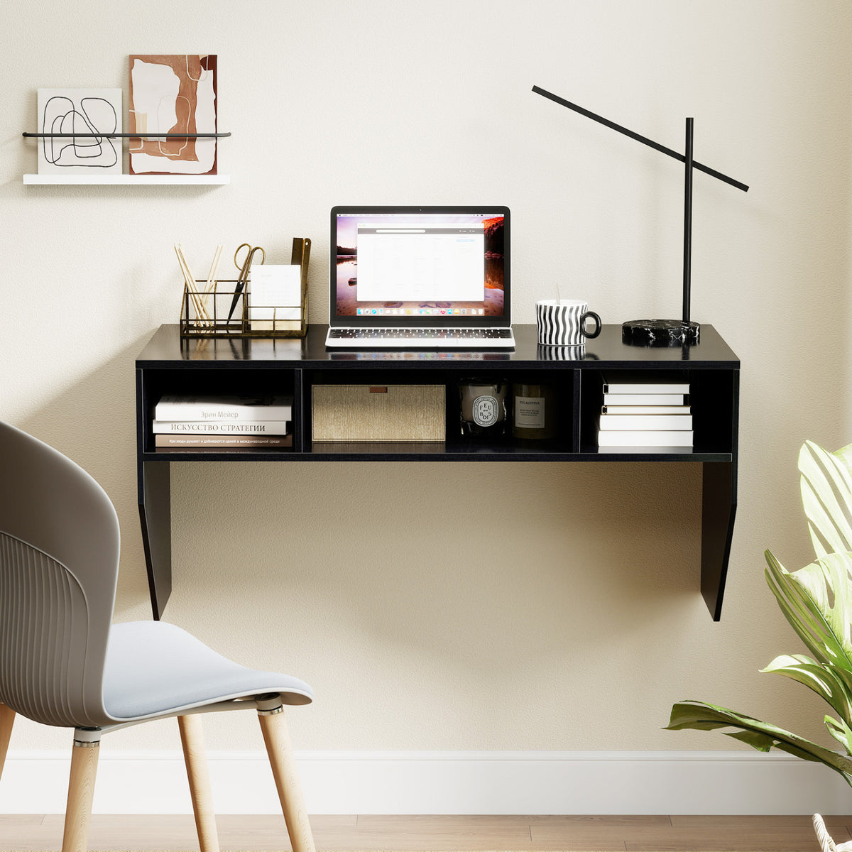 Wall-Mounted Floating Computer Desk with Storage - Black