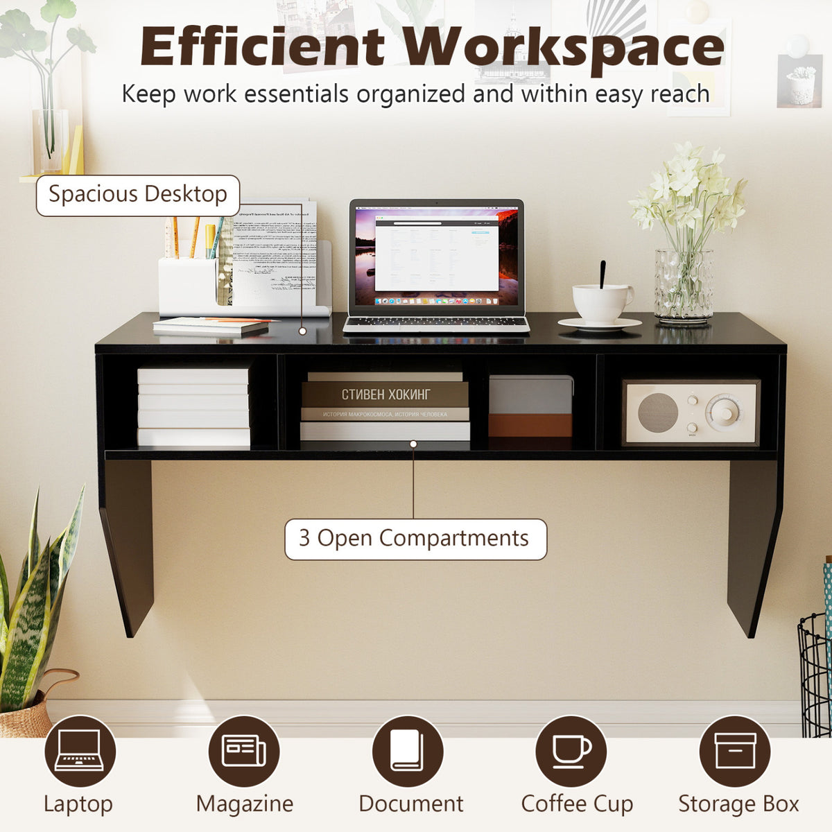 Wall-Mounted Floating Computer Desk with Storage - Black