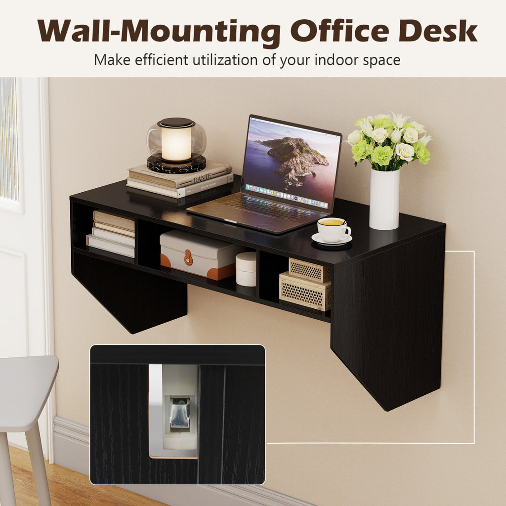 Wall-Mounted Floating Computer Desk with Storage - Black