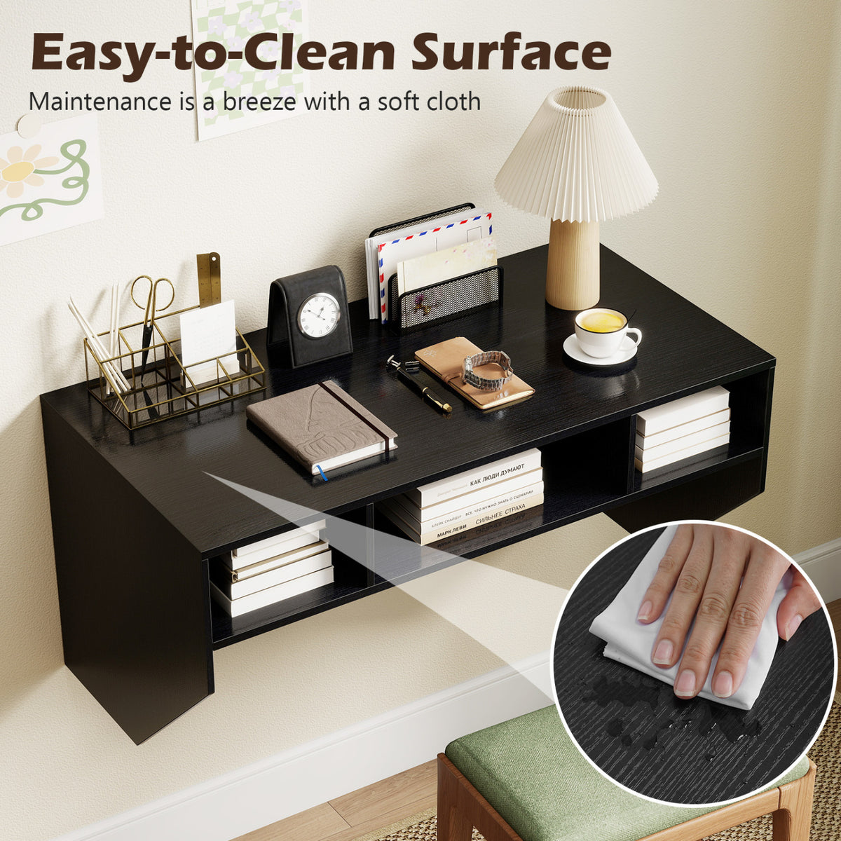 Wall-Mounted Floating Computer Desk with Storage - Black
