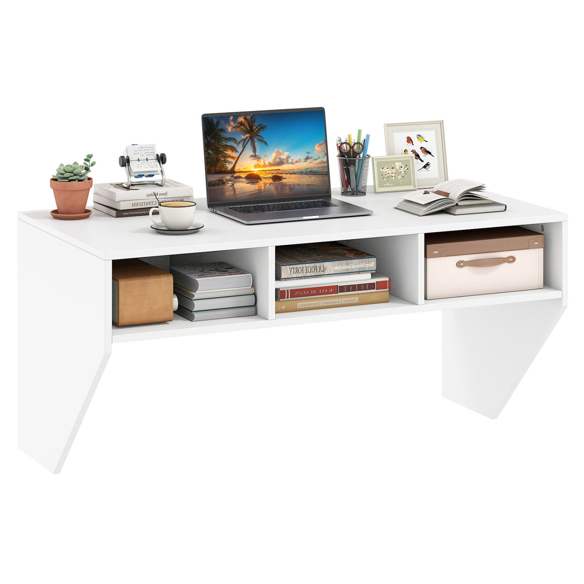 Wall Mounted Floating Computer Desk with Storage Shelves - White