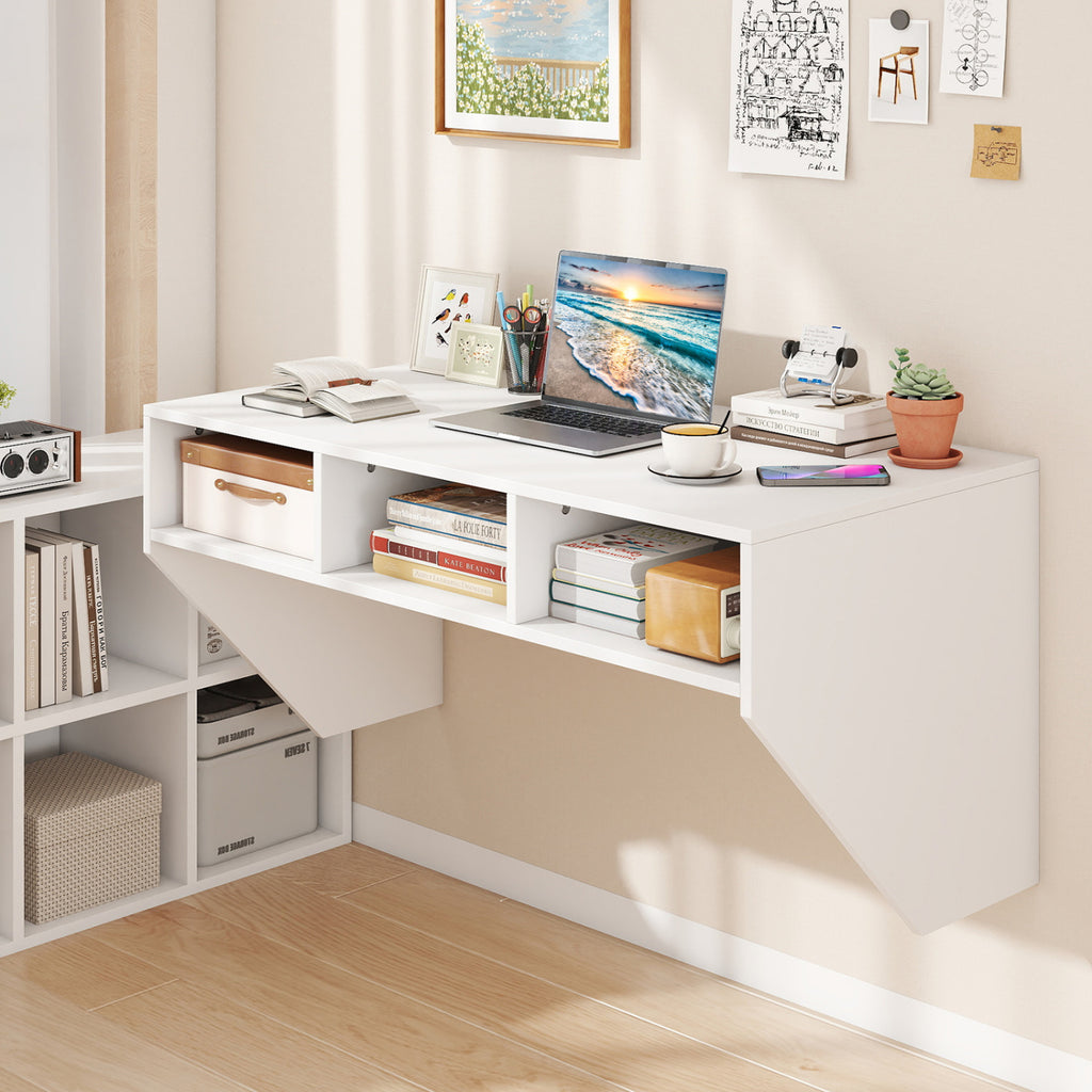 Wall Mounted Floating Computer Desk with Storage Shelves - White