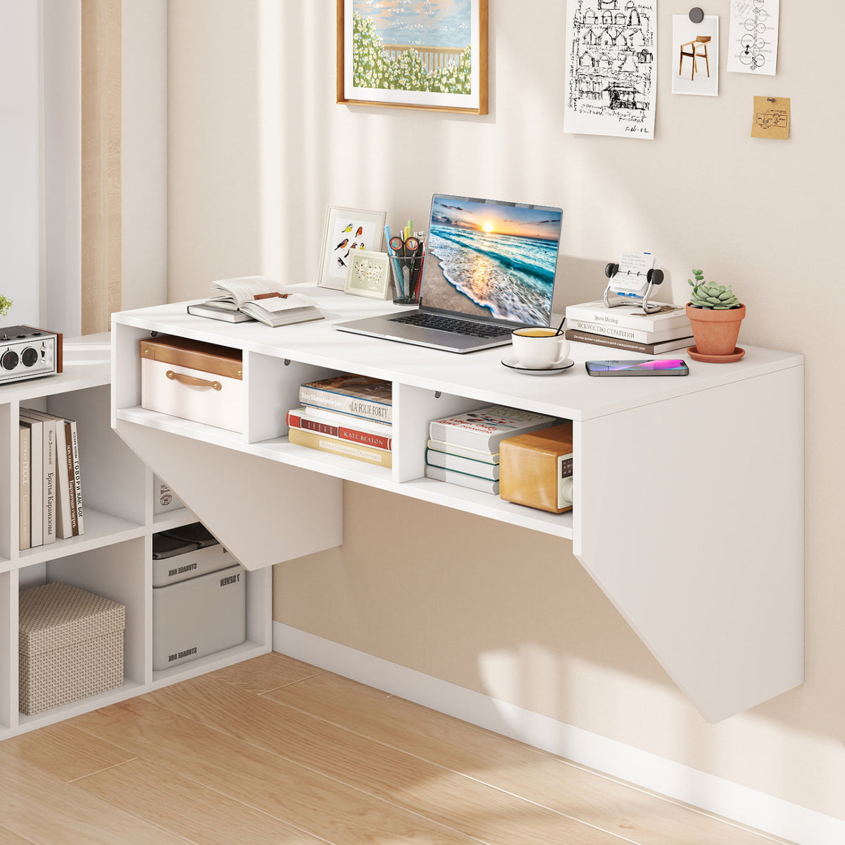 Wall Mounted Floating Computer Desk with Storage Shelves - White