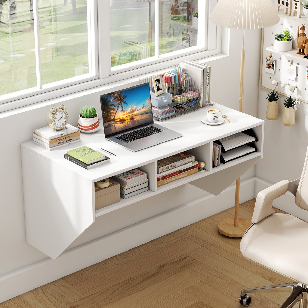 Wall Mounted Floating Computer Desk with Storage Shelves - White