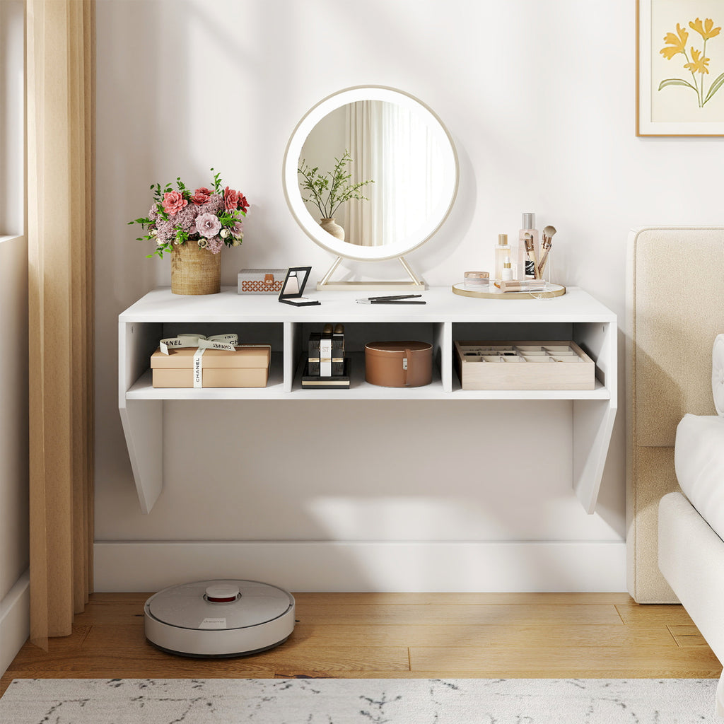 Wall Mounted Floating Computer Desk with Storage Shelves - White