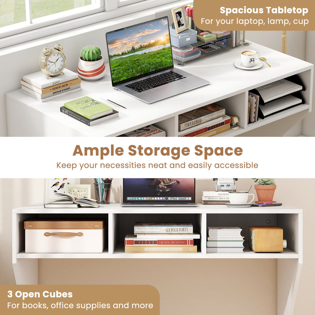 Wall Mounted Floating Computer Desk with Storage Shelves - White