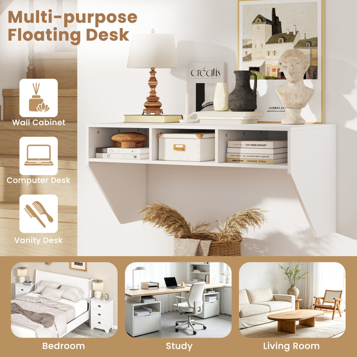 Wall Mounted Floating Computer Desk with Storage Shelves - White