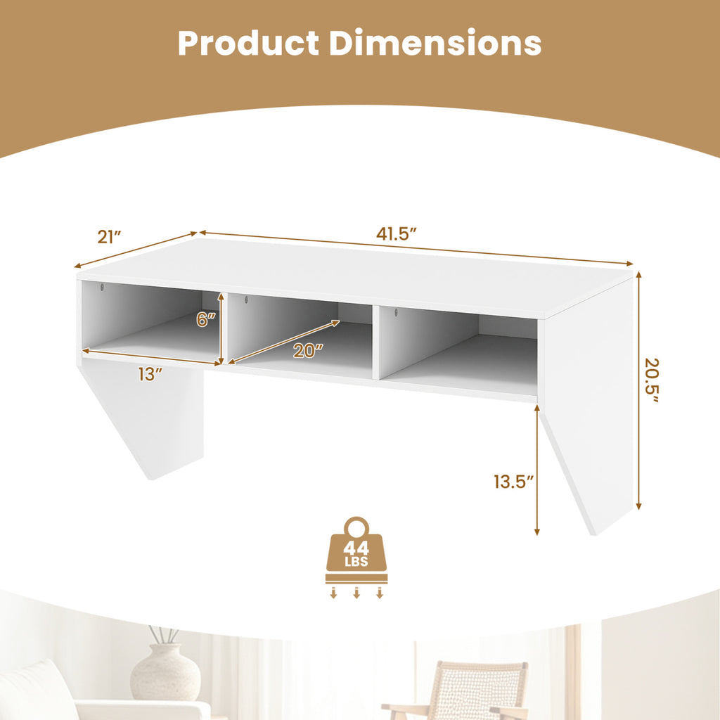 Wall Mounted Floating Computer Desk with Storage Shelves - White