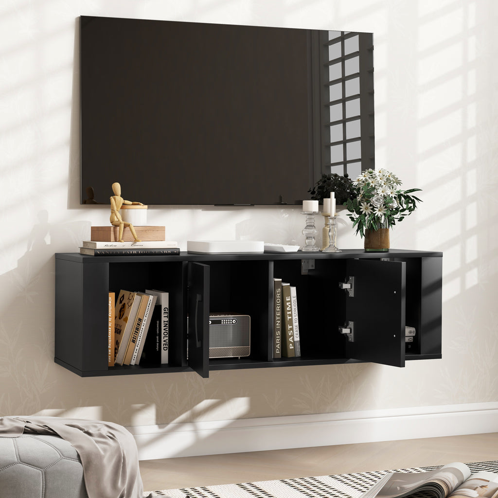 Wall-Mounted Floating Desk Hutch with 2 Doors & Shelves - Black