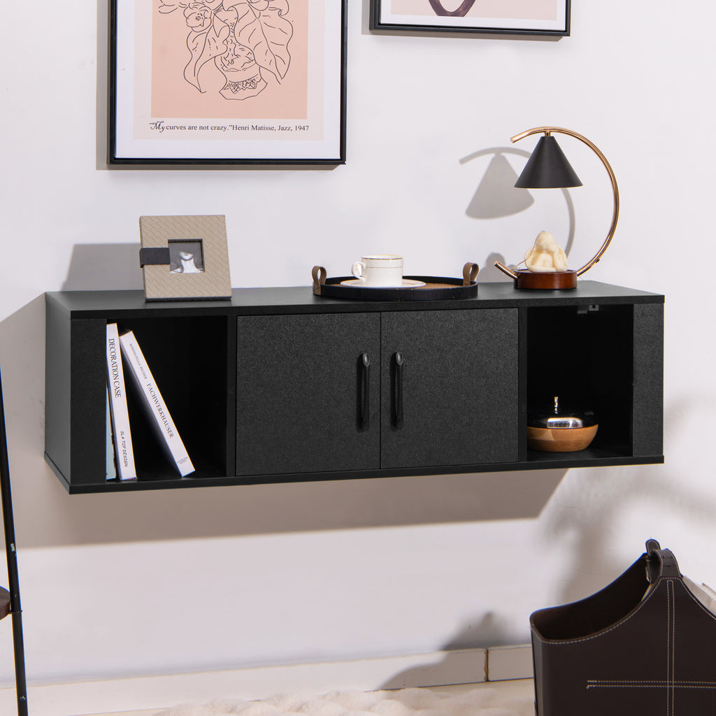 Wall-Mounted Floating Desk Hutch with 2 Doors & Shelves - Black