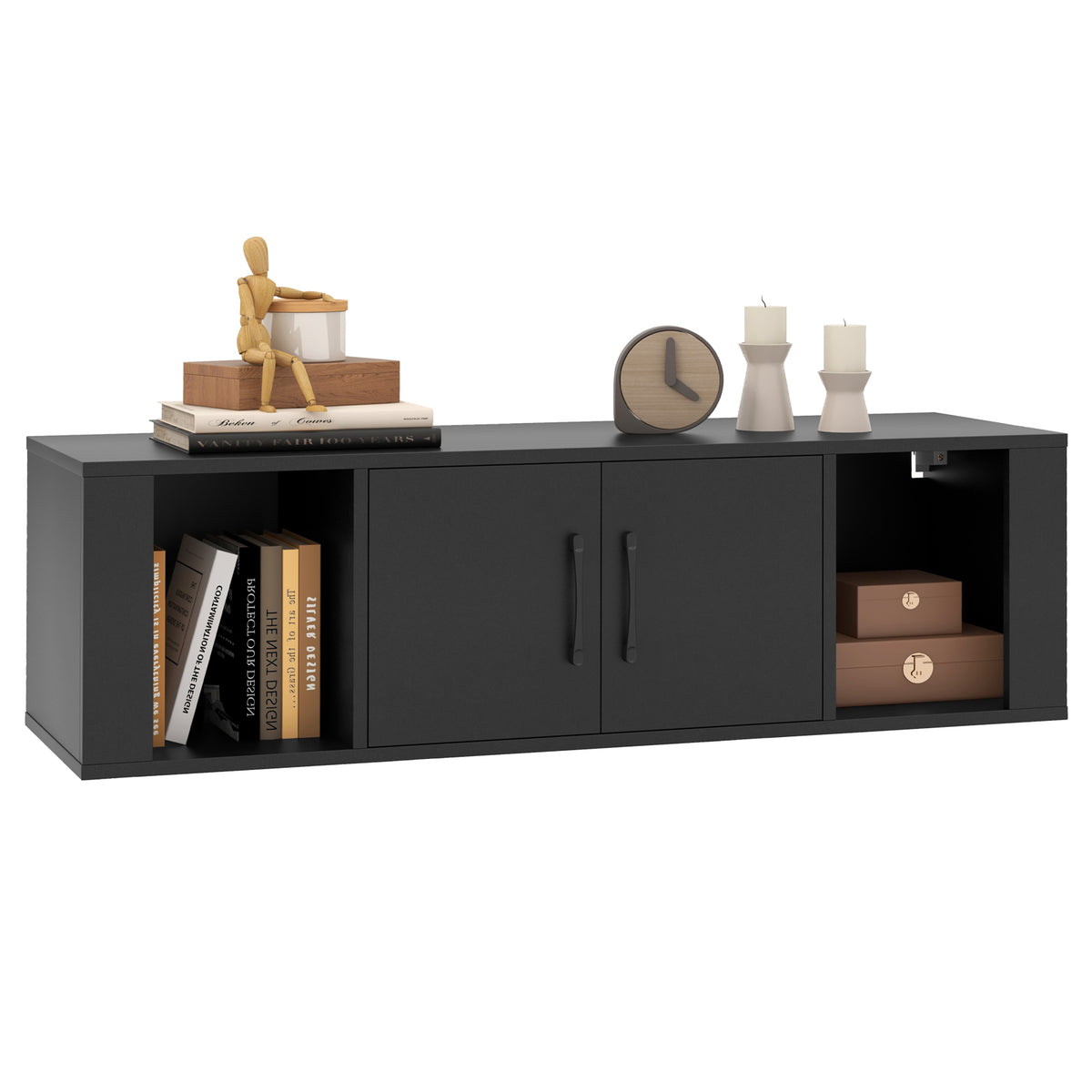 Wall-Mounted Floating Desk Hutch with 2 Doors & Shelves - Black