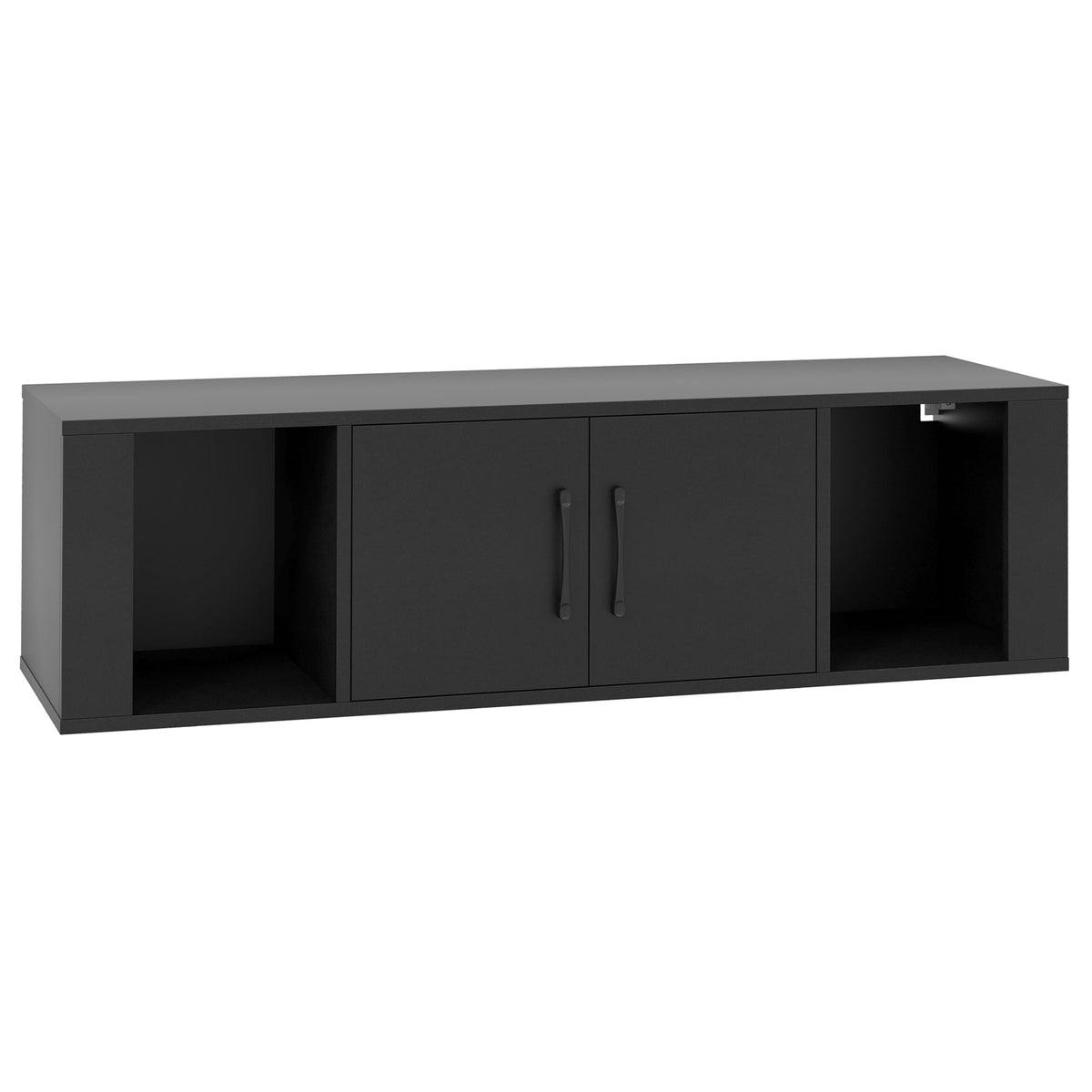 Wall-Mounted Floating Desk Hutch with 2 Doors & Shelves - Black