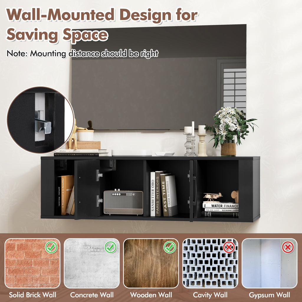 Wall-Mounted Floating Desk Hutch with 2 Doors & Shelves - Black