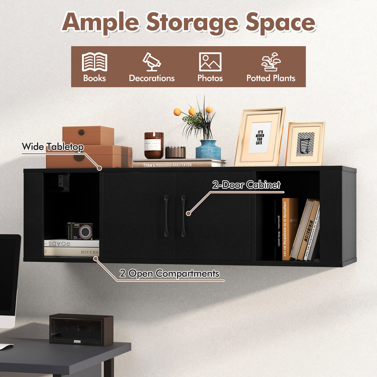 Wall-Mounted Floating Desk Hutch with 2 Doors & Shelves - Black